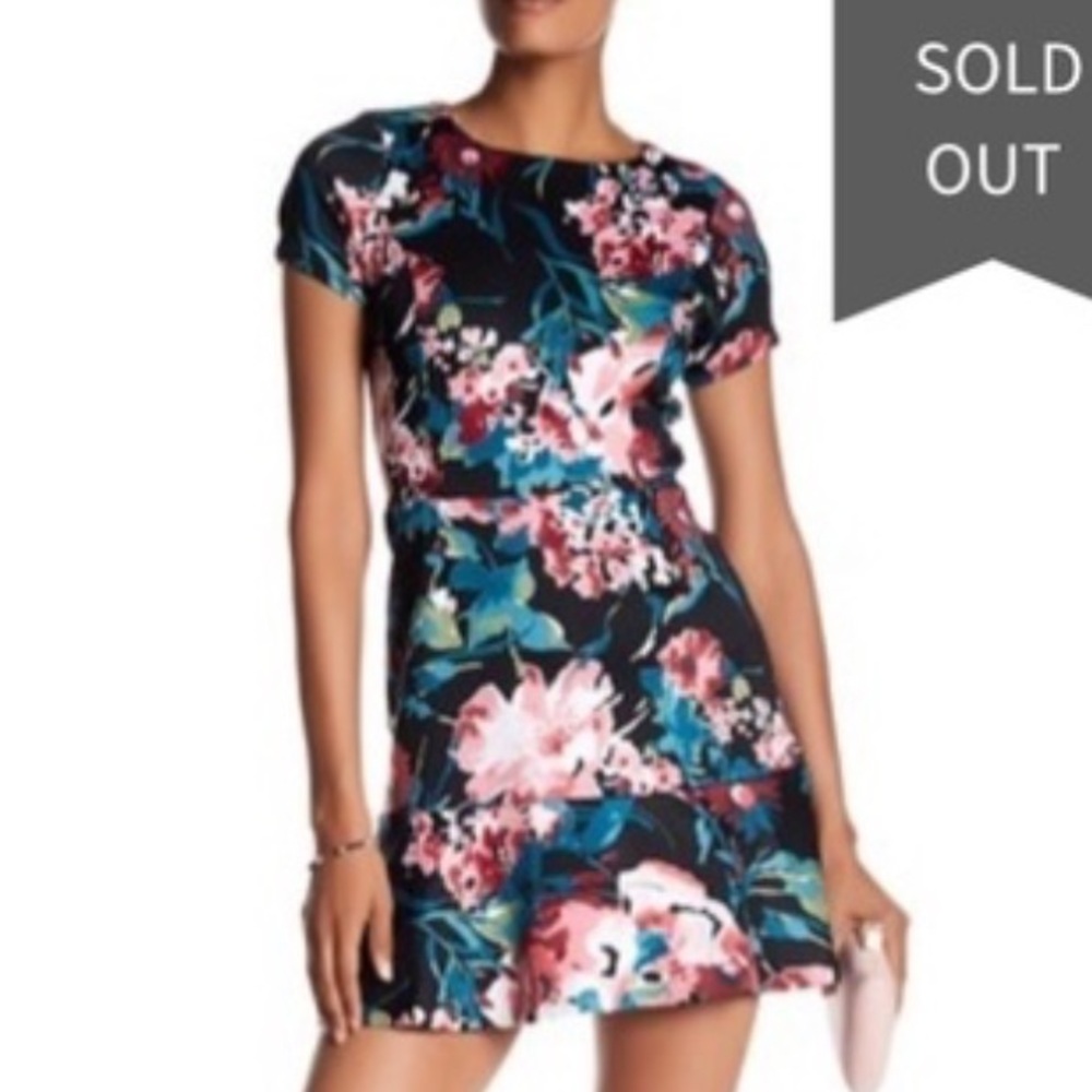 Love Ady Short Sleeve Black with Pink/Mauve & Teal/Blue Floral Print Ruffle Hem